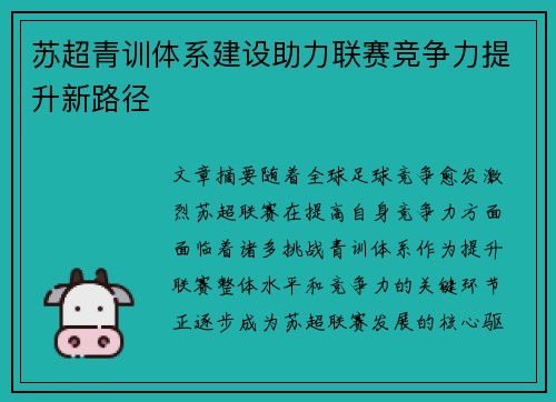 苏超青训体系建设助力联赛竞争力提升新路径 苏超青训体系建设助力联赛竞争力提升新路径